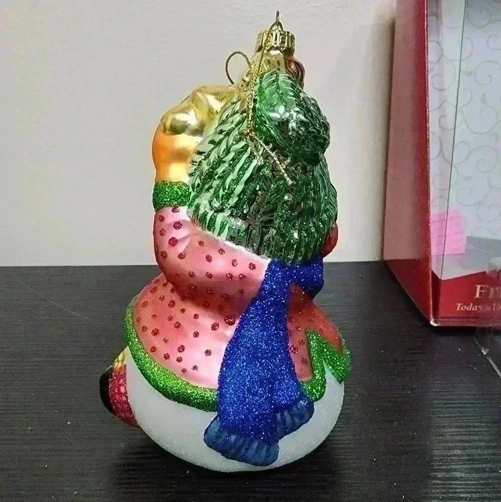 FITZ & FLOYD Glass Christmas Ornament Holiday Snowman Tambourine Snow w/ Box